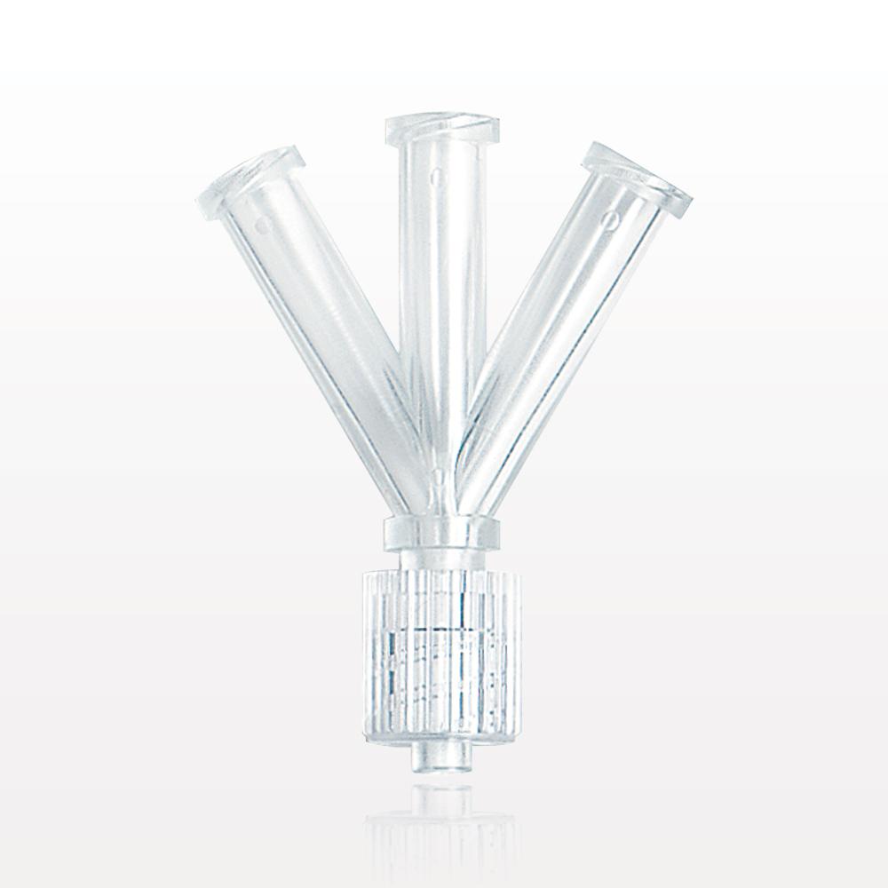 Y Connector, 4-Way, 3 Female Luer Locks, Male Luer w/Spin Lock, Clear